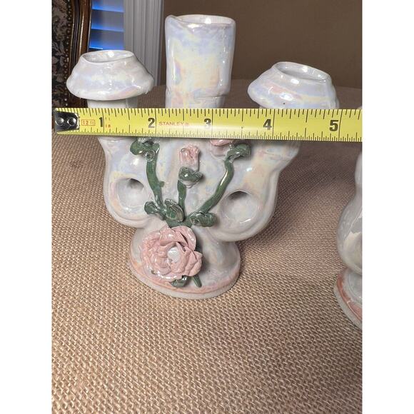 Lusterware Mid Century Opalescent Porcelain Rose Candelabra--Set of 2--Vintage - Picture 10 of 12